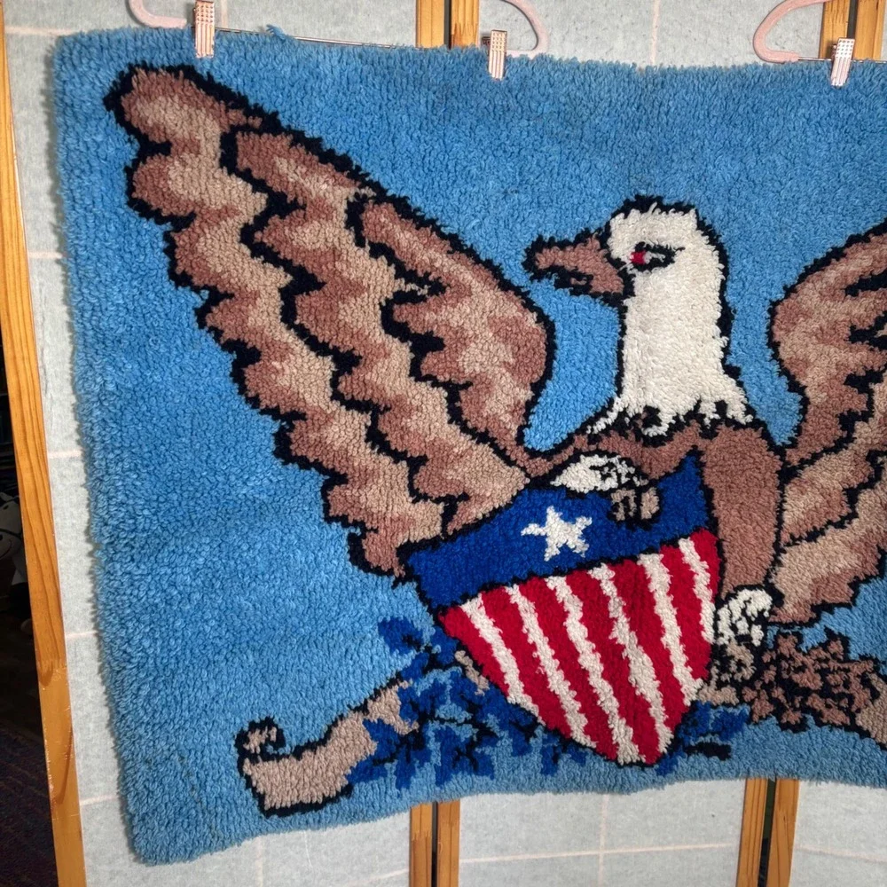 Unbranded Latch Hook Rug 46x33 Blue Patriotic Americana Eagle Shield Wall Art